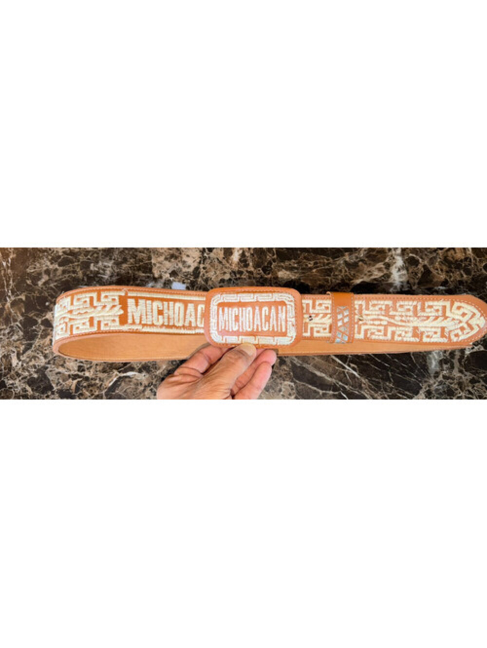 Michoacan Piteado Western Belt Size 38 Tan Cream Embroidery Charro Cinto